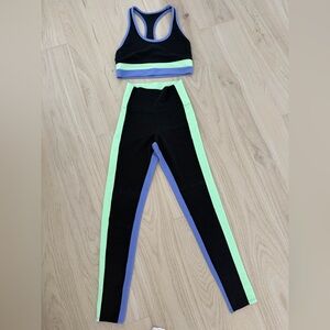 Beach Riot Black Leggings & Sports Bra Set with Lime and Periwinkle Trim